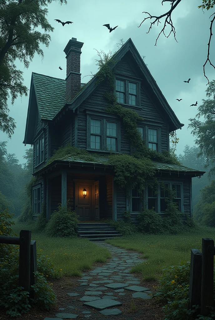 An old and abandoned wooden mansion being consumed by the treblas and several bats coming out of the windows and doors