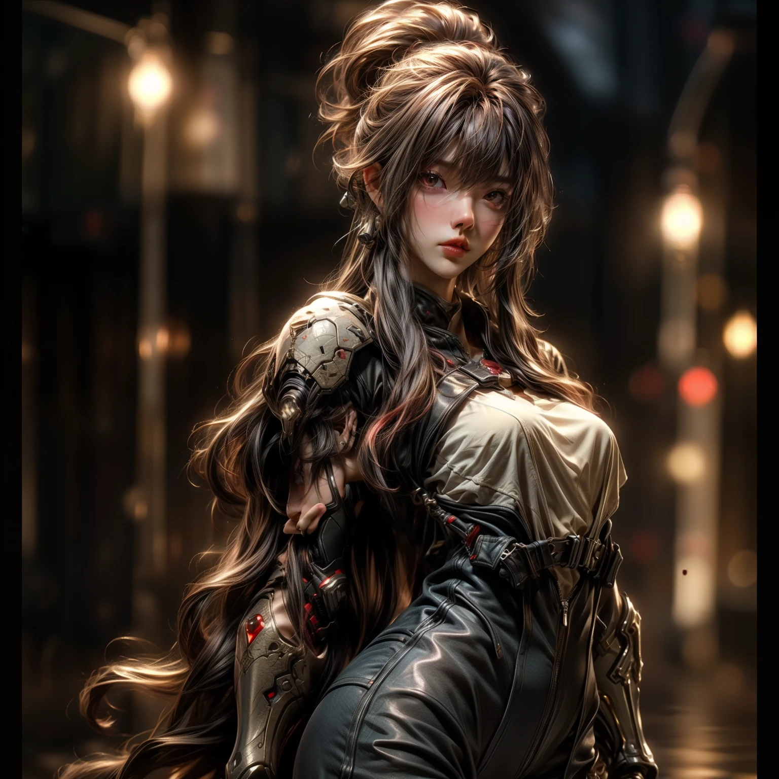 (best quality)), ((Masterpiece)), (details:1.4), 3d, HDR (high dynamic range), an image of a beautiful cyberpunk female, Hips up, cyberpunk, Red hair, Curtain Bangs, beautiful Red eyes, จมูกโด่ง, ปากแดง, หน้าอกใหญ่, nvidia RTX, PBR surface, After processing, Anisotropic filtration,depth of field, Maximum clarity and clarity, multi-layered surface, Subsurface scattering, perfect proportions, 8K raw files, ultra detailed, Perfect proportions, volumetric lighting, soft lighting, Holy Paladin, Heavy Red Armor, glossy skin, Castle background, jewely, ต่างหู, นิ้วมือสมบูรณ์,
