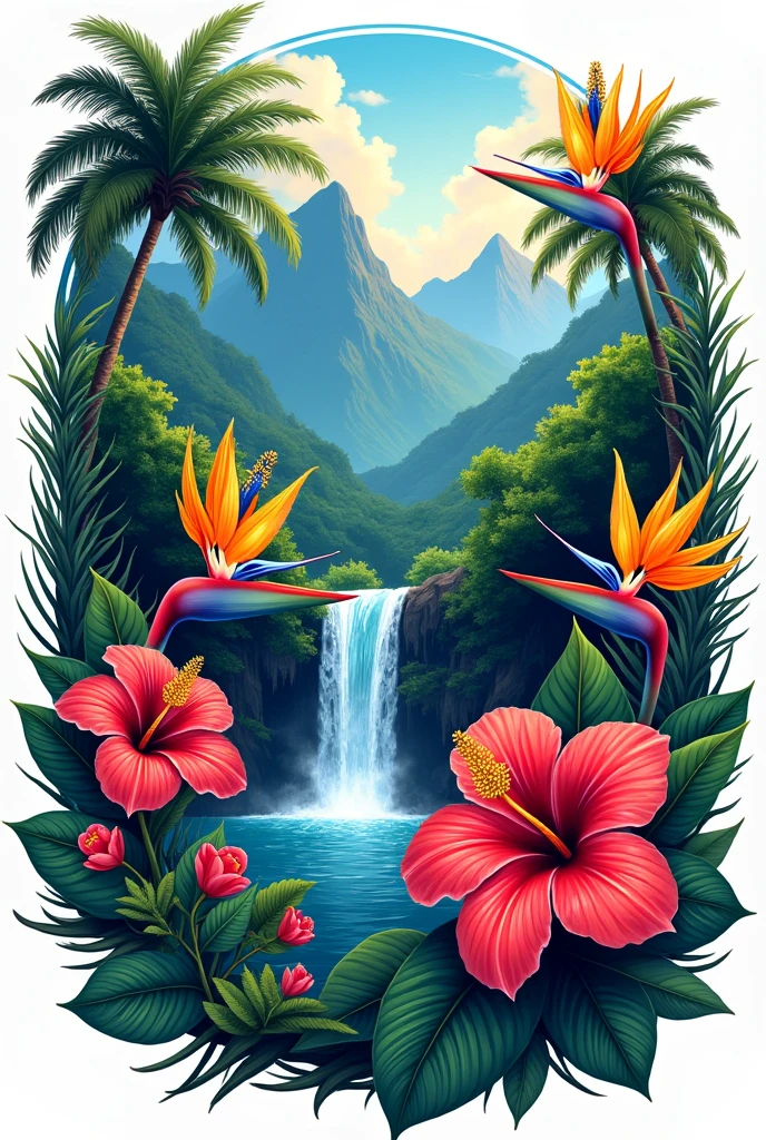 Create tropical leaves and flowers, hibiscus,
bird of paradise flowers. with the words 'Waitukubuli ',jungle, waterfall, mountains, t-shirt design, white background, png