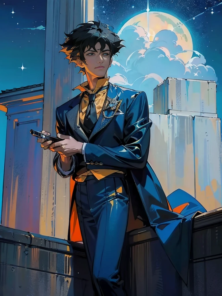 (masterpiece、top-quality、top-quality、Detailed and complex、official art、aesthetically pleasing:1.3)、(Spike spiegel)(Standing on a rooftop) (realistic art:1.3) Black hair、blue suit, yellow shirt with tie. Moon and stars background. 