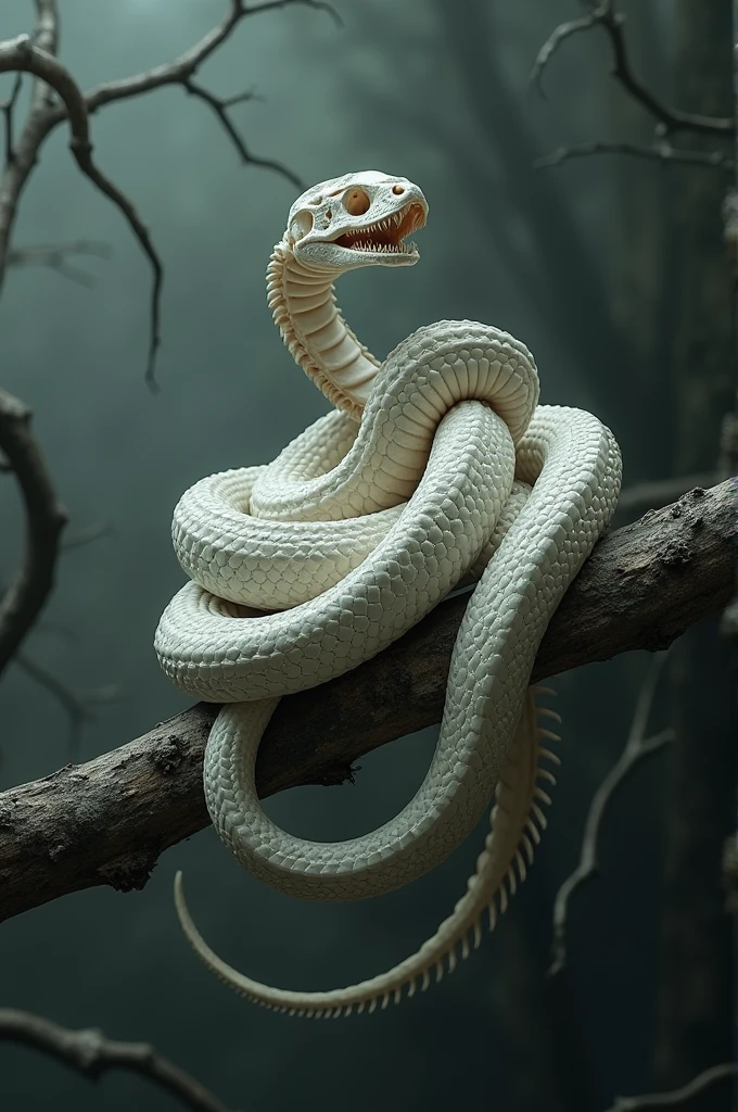 The picture shows the bones of many white pythons coiled on a branch, with the skeleton of the largest python in the center.