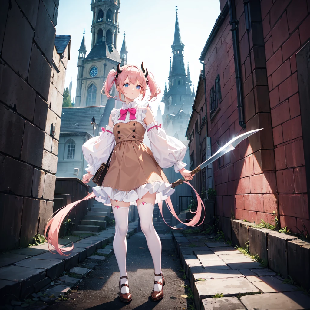1 girl. twin-ponytailed short pink hair. white demon horns. blue eyes. wearing brown dress. brown leggings. brown flat shoes. carrying an axe. demon castle. high res, ultrasharp, 8k, masterpiece