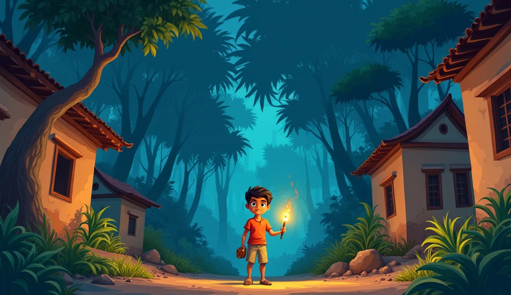 inidan cenematice 2d cartoon styel india A brave young boy with a curious look holding a small bag and a torch, standing at the edge of a village, gazing at a mysterious forest.