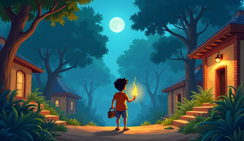 inidan cenematice 2d cartoon styel india A brave young boy with a curious look holding a small bag and a torch, standing at the edge of a village, gazing at a mysterious forest.