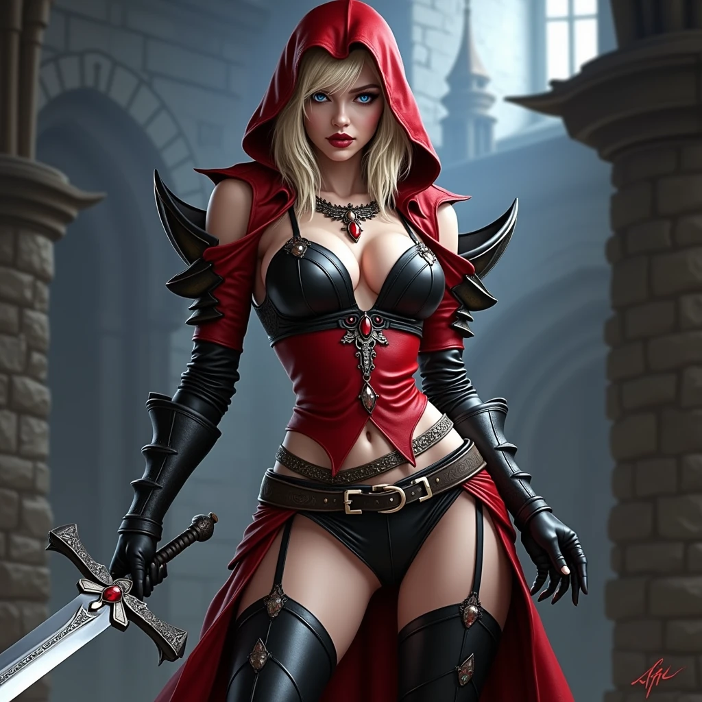 woman in a red hoodie and black leather outfit holding a sword, female rouge assassin, female vampire warrior, thief red riding hood, lady in red armor, castlevania witch, female assassin, evil sorceress, sylvanas windrunner, beautiful female assassin, jessica nigri, katarina from league of legends, cosplay on black harley queen, vampire queen