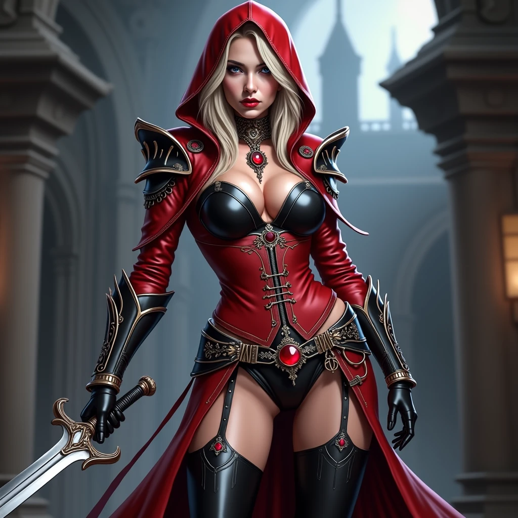  woman in a red hoodie and black leather outfit holding a sword, female rouge assassin, female vampire warrior, thief red riding hood, lady in red armor, castlevania witch, female assassin, evil sorceress, sylvanas windrunner, beautiful female assassin, jessica nigri, katarina from league of legends, cosplay on black harley queen, vampire queen