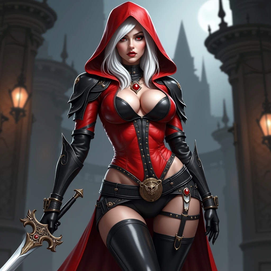  woman in a red hoodie and black leather outfit holding a sword, female rouge assassin, female vampire warrior, thief red riding hood, lady in red armor, castlevania witch, female assassin, evil sorceress, sylvanas windrunner, beautiful female assassin, jessica nigri, katarina from league of legends, cosplay on black harley queen, vampire queen