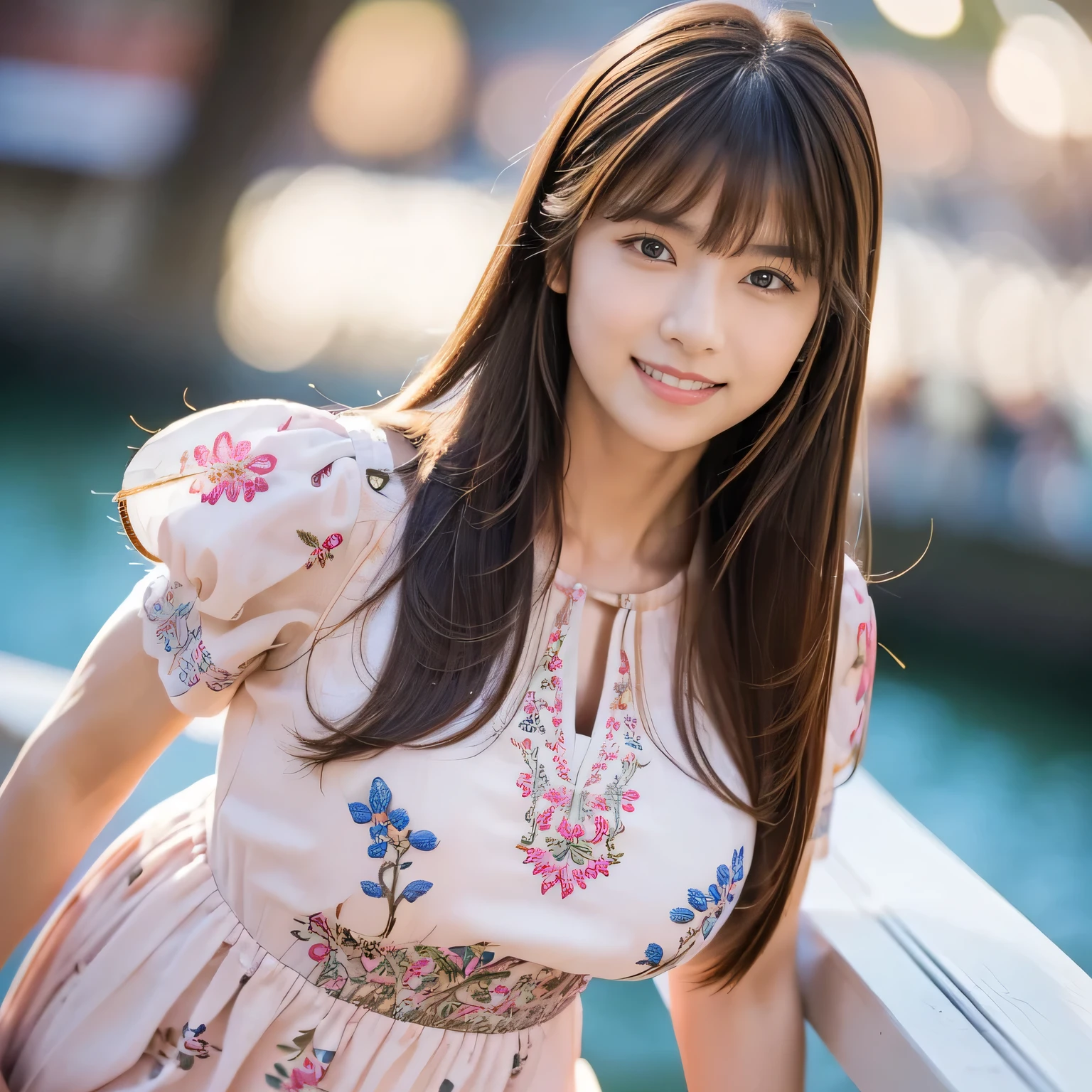 (Calm and gentle look:1.2), (Full Body Shot:1.3), (panorama:1.8), Cinema Lighting, ((Highest quality)), (RAW Photos, Highest quality), ( Realistic:1.4), realism, masterpiece, Very delicate and beautiful, Very detailed, 4K wallpaper, wonderful, finely, Very detailed CG unity 8k wallpaper, Very detailed, High resolution, Soft Light, Japanese, (one shot:1.9), (2:1.6), (Round face:1.2), (Fat:0.8), (A very neat woman:1.5), Beautiful detailed woman,Famous Japanese actresses, Detailed face, finelyて美しい目, Very detailedな目と顔, Beautiful eyes and a beautifully detailed nose, Ultra HD glossy lips, (Straight Hair:1.4), Shiny Hair, Shiny Hair, Brown Hair, (bangs:1.4), Long, slender legs, Toned body, (Smiling:1.6), Glossy and moisturized lips, Natural Makeup, (LET IT PASS, floral pattern, pink, Short sleeve dress:1.4), (embroidery, A very intricate and elaborately decorated dress:1.3), (pumps:1.2), (Fashion model posing at the marina:1.2), (Deep blue midsummer sky, cumulonimbus:1.3),