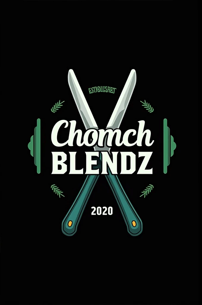Create a flat vector, illustrative-style emblem logo design for a San Diego urban barber 'ChonchBlendz' established in 2020 , featuring barber poles , modern straight razors crossed in the center of the company name. Use bright green, blue, grey and white colors to convey trust, premium service and a luxury experience against a black background. English Writing established 2020