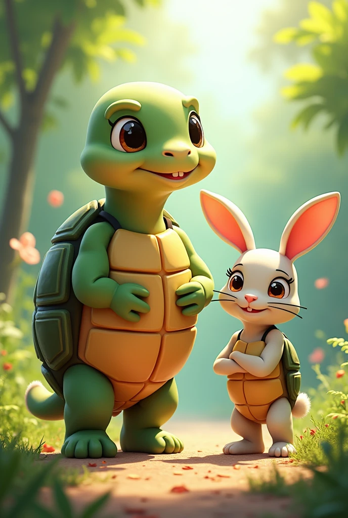 Draw a scene of both characters after the race. Smiling Turtle, tự hào về chiến thắng. The rabbit looked disappointed but also learned the lesson..