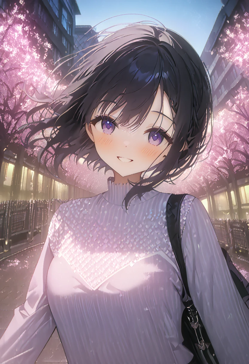 masterpiece, high quality, 16k resolution, detailed, beautiful anime girl, large breasts, slender waist, pale skin, black hair, fine hair, simple clothing, white T-shirt, no accessories, (looking away:1.4), (walking in neon-lit night city), spring season, comfortable weather, discovering beautiful night cherry blossoms, neon lights, joyful expression, looking up at cherry tree, stunning smile, beautiful eyes, delicate face, artistic, emotional depth, serene atmosphere, detailed background, vibrant colors, breathtaking beauty, ((MrKb)), full body shot