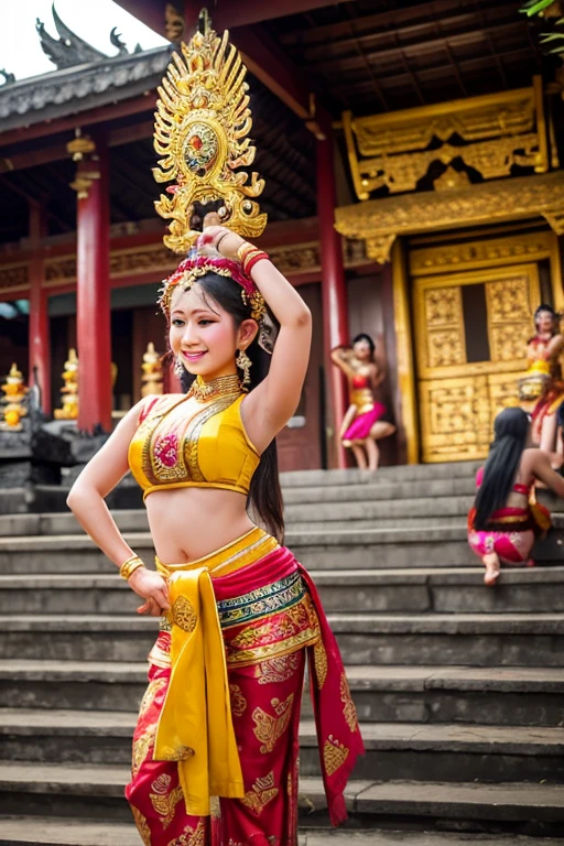 A temple in Bali with young women dancing Kecak dance and Caucasian old women Barong and Rangda
