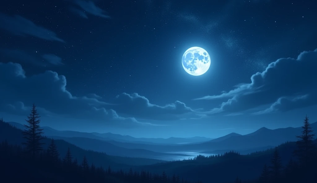 A night scene with the moon and stars shining in the sky.
