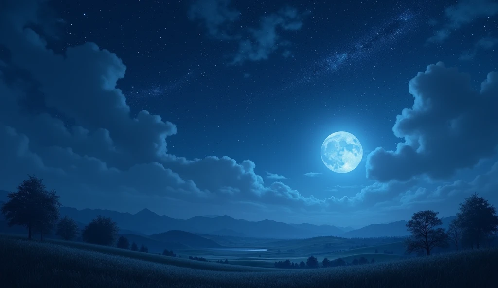 A night scene with the moon and stars shining in the sky.