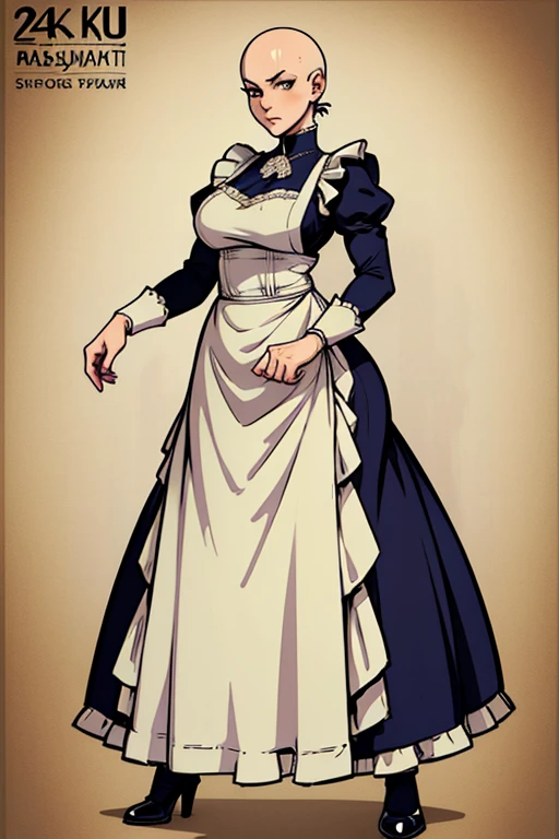 digital anime art, highly detailed, reference sheet, standing pose, feminine features, mature woman, adult female, curvy figure, six, whole body, bald, form-fitting, victorian maid uniform, apron, full sleeves, long skirt, shoes, 1woman, solo, upper body, lower body, ((Extremely Detailed)), ((Best Quality)), ((Masterpiece)), ((4k)).