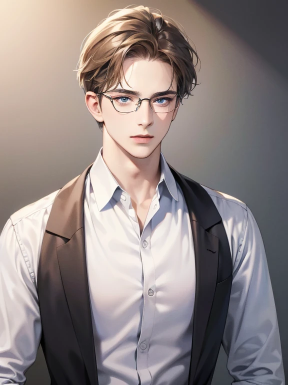 masterpiece, best quality, 1male, brunette hair, blue eyes, 32 years, glasses, white shirt, mugshot, wall background, detailed eyes, detailed facial features, realistic and high resolution (best quality, 4k, 8k, highres, masterpiece:1.2)