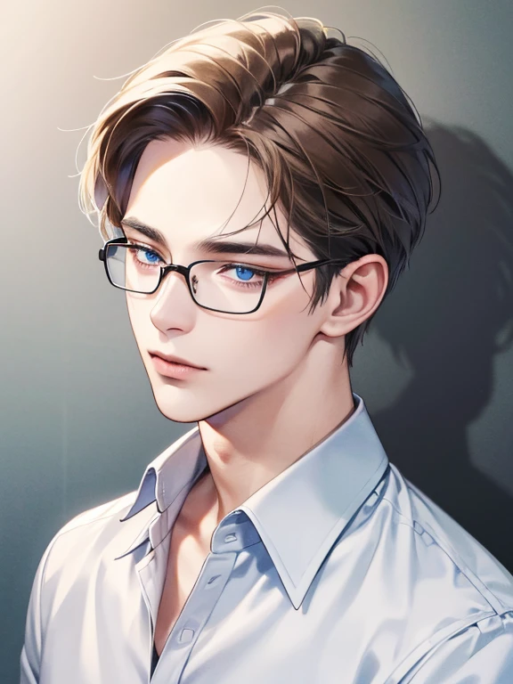 masterpiece, best quality, 1male, brunette hair, blue eyes, 32 years, glasses, white shirt, mugshot, wall background, detailed eyes, detailed facial features, realistic and high resolution (best quality, 4k, 8k, highres, masterpiece:1.2)