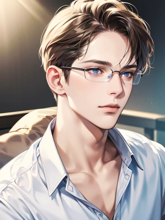 masterpiece, best quality, 1male, brunette hair, blue eyes, 32 years, glasses, white shirt, mugshot, wall background, detailed eyes, detailed facial features, realistic and high resolution (best quality, 4k, 8k, highres, masterpiece:1.2)