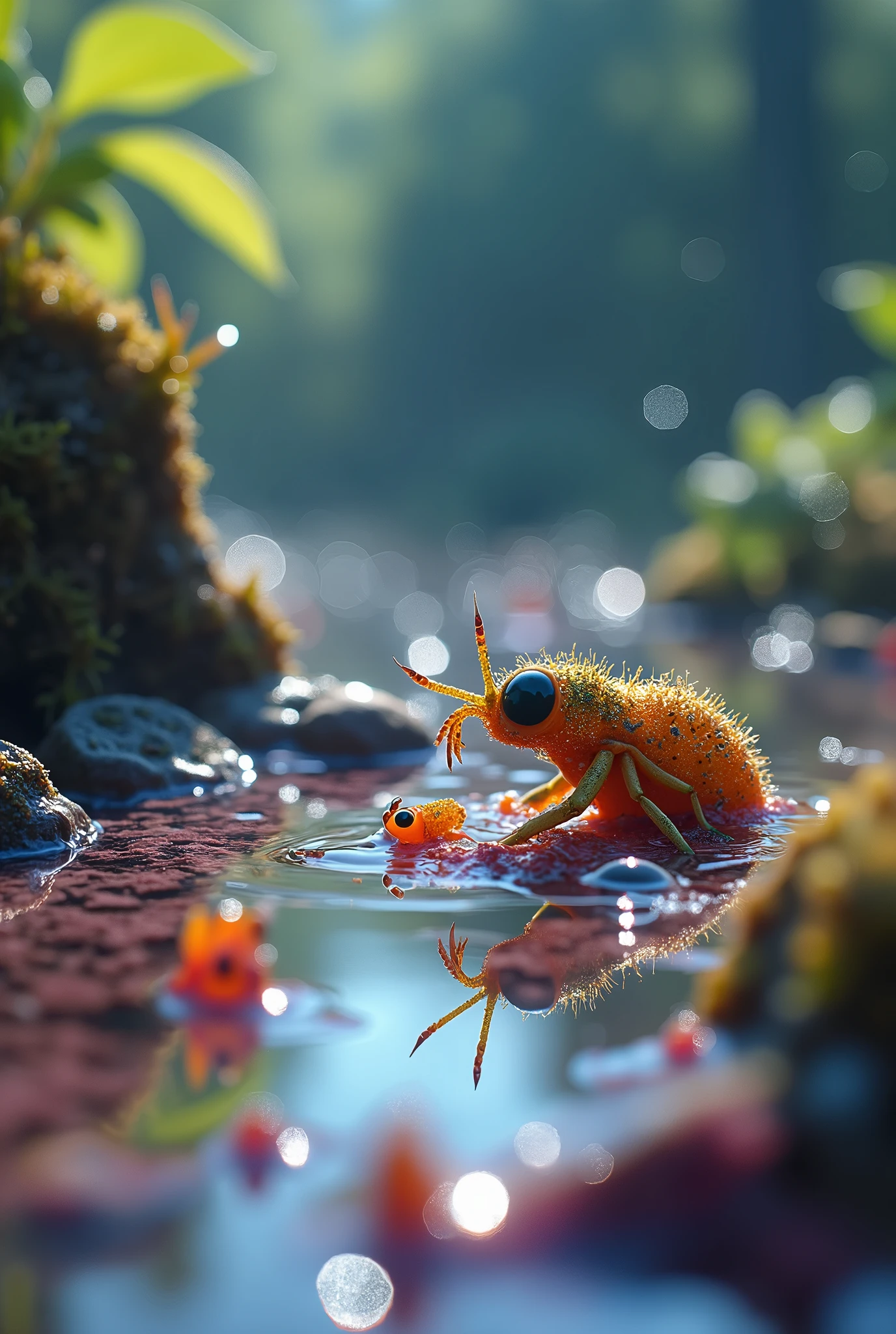 colorful, highly detailed macro shot of the complicated life in a puddle