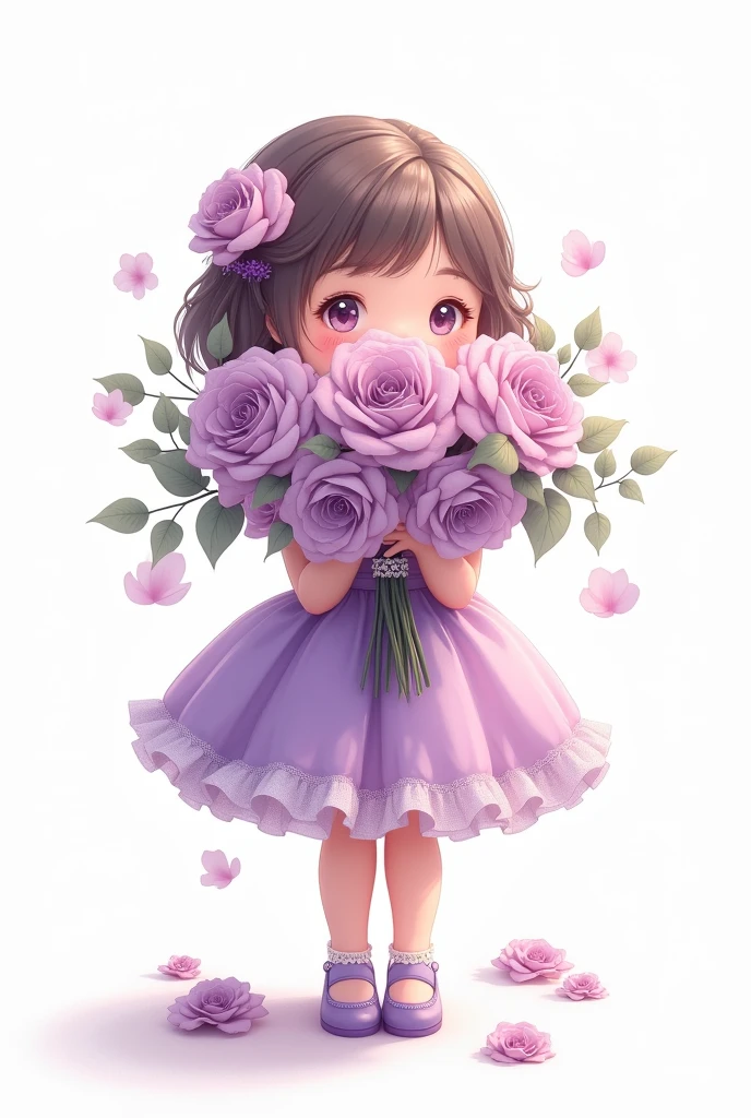 white background,cute little baby girl standing,wearing beautiful party frock,purple shade full frill frock,wearing beautiful shoes,her hands full of large flower bunch,some flowers are fell down,nice smiling anime Sophia face,hide half face of flowers