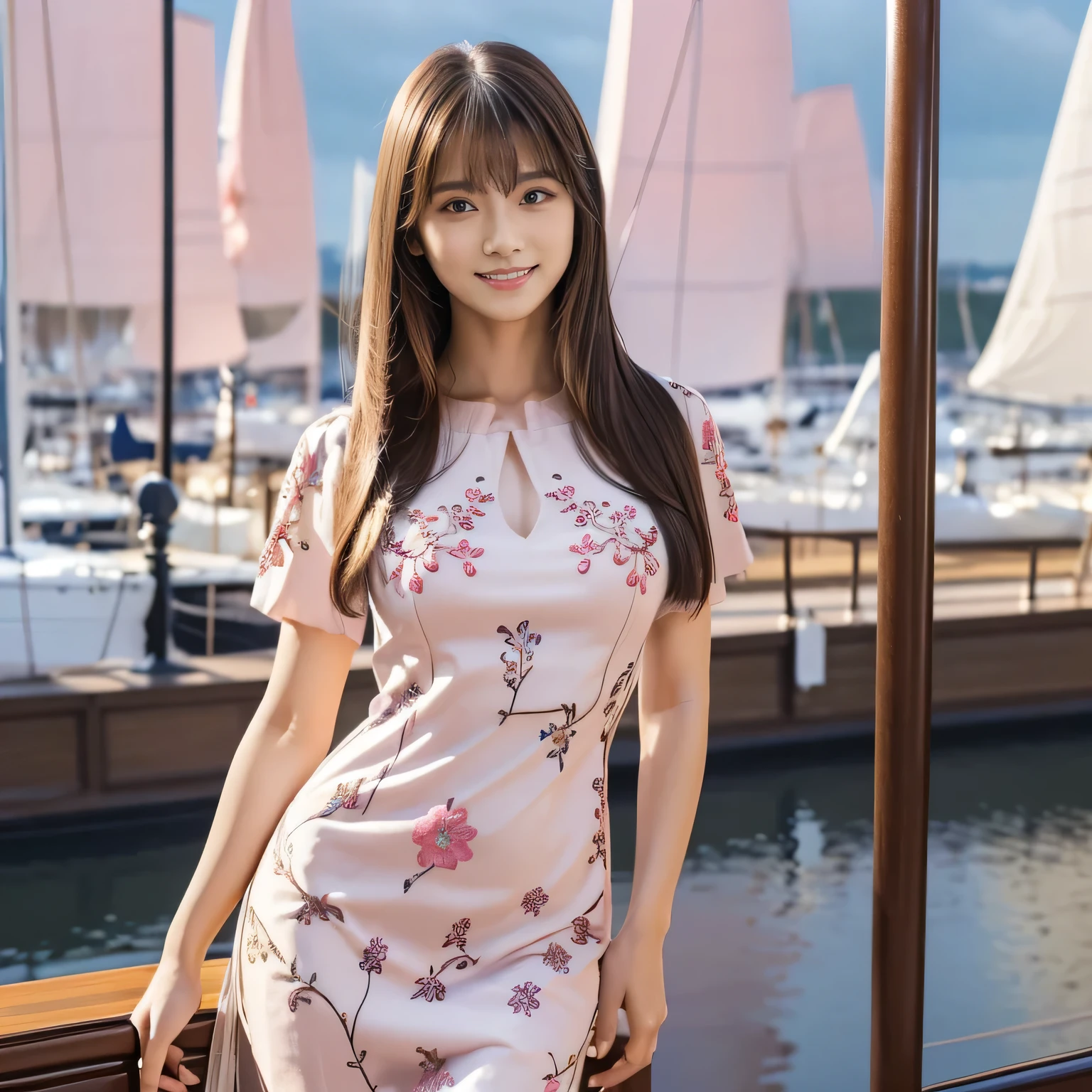 (Calm and gentle look:1.2), (Full Body Shot:1.3), (panorama:1.8), Cinema Lighting, ((Highest quality)), (RAW Photos, Highest quality), ( Realistic:1.4), realism, masterpiece, Very delicate and beautiful, Very detailed, 4K wallpaper, wonderful, finely, Very detailed CG unity 8k wallpaper, Very detailed, High resolution, Soft Light, Japanese, (one shot:1.9), (2:1.6), (Round face:1.2), (Fat:0.8), (A very neat woman:1.5), Beautiful detailed woman,Famous Japanese actresses, Detailed face, finelyて美しい目, Very detailedな目と顔, Beautiful eyes and a beautifully detailed nose, Ultra HD glossy lips, (Straight Hair:1.4), Shiny Hair, Shiny Hair, Brown Hair, (bangs:1.4), Long, slender legs, Toned body, (Smiling:1.6), Glossy and moisturized lips, Natural Makeup, (LET IT PASS, floral pattern, pink, Short sleeve dress:1.4), (embroidery, A very intricate and elaborately decorated dress:1.3), (pumps:1.2), (A model posing at the yacht harbor:1.6), (Deep blue midsummer sky, cumulonimbus:1.3),