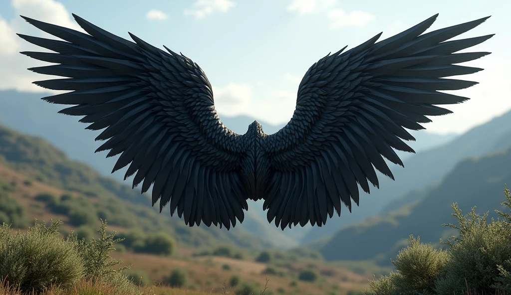 Long black folded angel wings lot of feathers ultra realistic in landscape