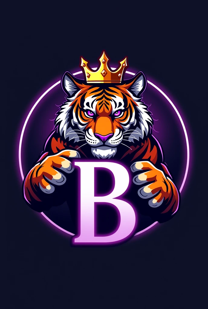 Make a logo in a circle shape. The highlight of the logo will be the letter B in purple., make it very eye-catching and different behind the letter B, make a purple eyed tiger, very fierce holding the letter, and make a golden crown on the tiger Leave the background of the image discreet, but beautiful
(The tiger has to be in normal color