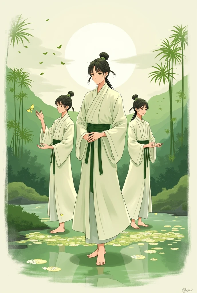 Create a set of male anime characters with healing powers, originating from green tea leaves, simple and Chinese style.