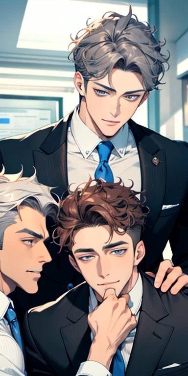 handsome 3 boy with brown curly hair and small lips long nose. 1 man mature, male mature. Expression smile in love. Blue gray eyes, CEO, Office home.