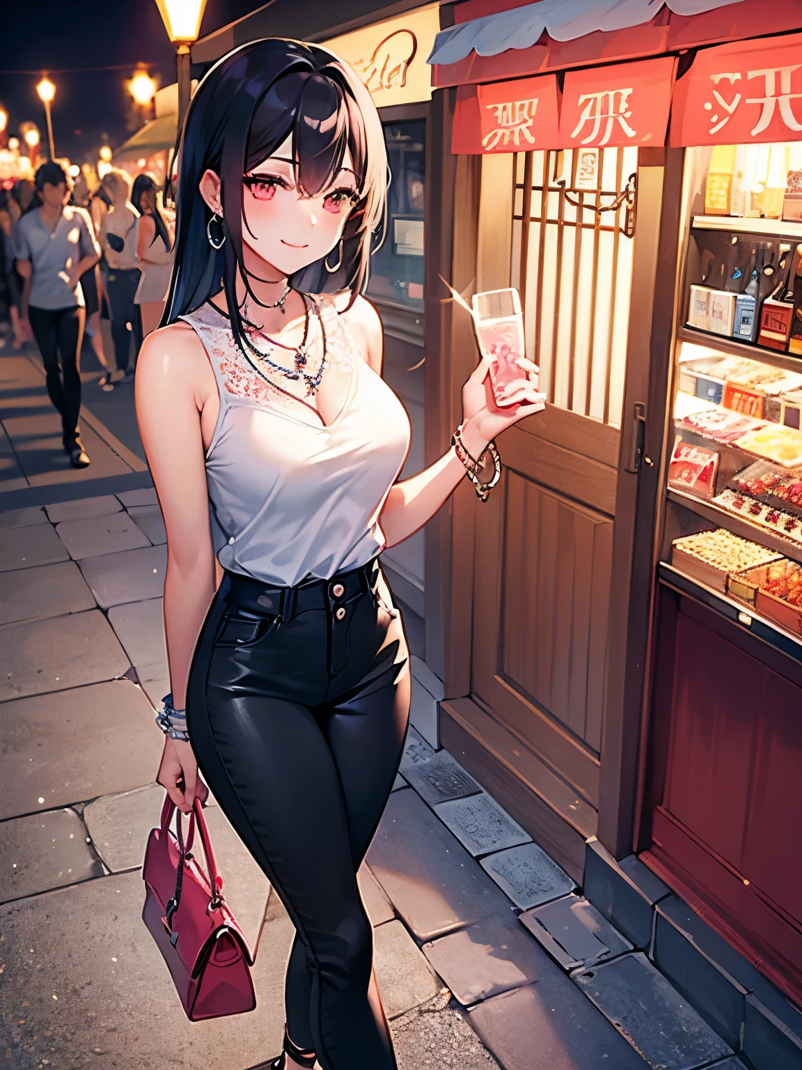 One female、skinny pants　White、All-lace pattern　Sleeveless shirt　pink、Big Breasts、Beautiful feet、smile、Black Hair　long hair、Seaside Park　night　Street lamp、Are standing　Looking back、Diamond Earrings、Chain Necklaces、Red High Heels、Black Band Bag、Women&#39;s Watches　Silver