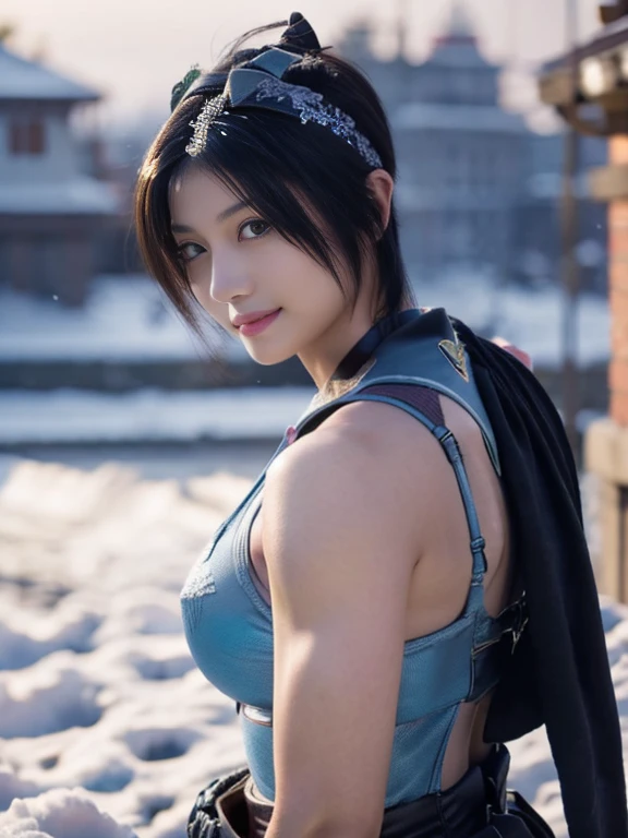 20 year old Japanese beauty，One woman、Muscular body like a bodybuilder、Emphasize the breasts、He wears a headband on his head、Slit eyes、A head-to-toe view，Bust is very very large、The background is a snowy country、High quality photos、Clear, crisp images of the lower body、Masterpiece 8k、Smiling、Is doing a high kick、From the front, from the side, from the back, etc.々from what camera angle to shoot、Light blue ninja costume