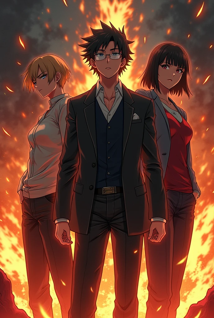 Main dashing characters of Tokyo revengers like Mikey ang hanagaki and doraken and chifuyu and other characters of the anime . Fire in the background.
