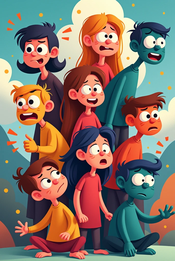 Make a representation of the feelings of joy, dislike, envy, shame, fear, sadness, anxiety and anger in a cartoon drawing