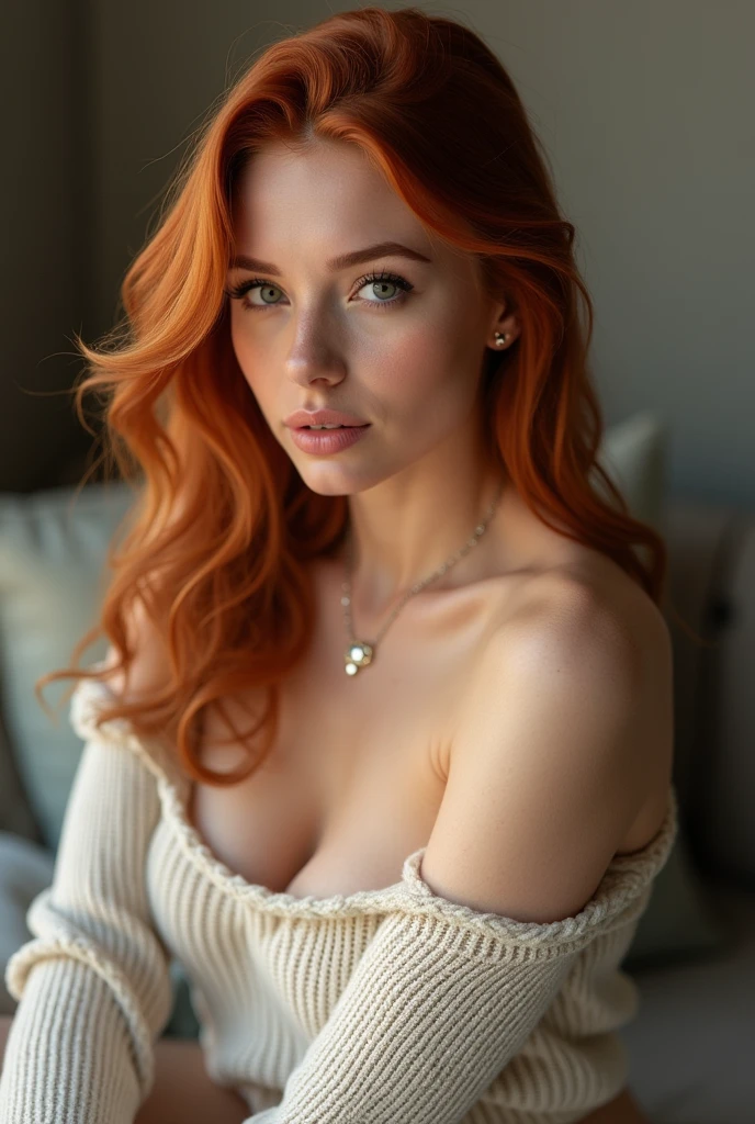 ultra realistic, photography, long straight red hair, (30 years old, green eyes, hourglass figure, perfect body, natural medium breasts), Long eye lashes, seductive eyes, Award Winning Glamour Photograph extremely detailed award winning glamour photograph, front lit, HDR, Bare shoulders, jewelry, Full body, a necklace, off shoulders, Sweaters, Realistic, A sexy