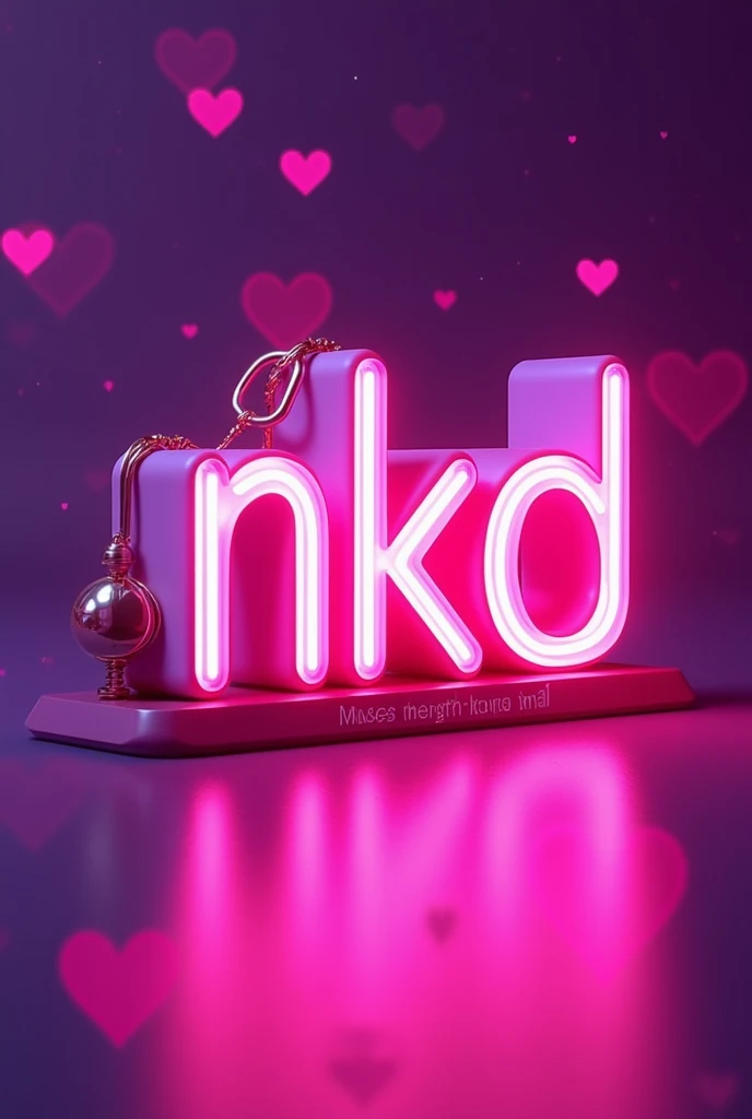 Create a realistic 3d image of "NKD" in style bold font,purple love background,neon.