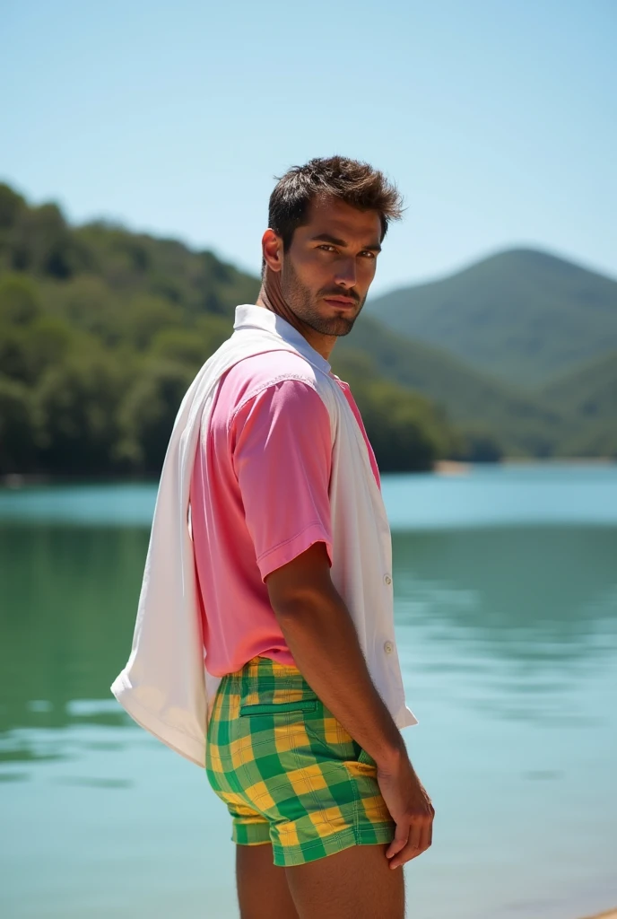 A white man, aged 35, model type, with short dark hair, with blue eyes, wearing a full white and pink shirt and green and yellow checkered swimming trunks, from sideways, looking at the camera and showing her ass in a lake in Alentejo