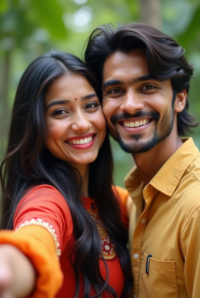 A 23 old indian girl with long hair and a boy with medium long hair taking selfie 