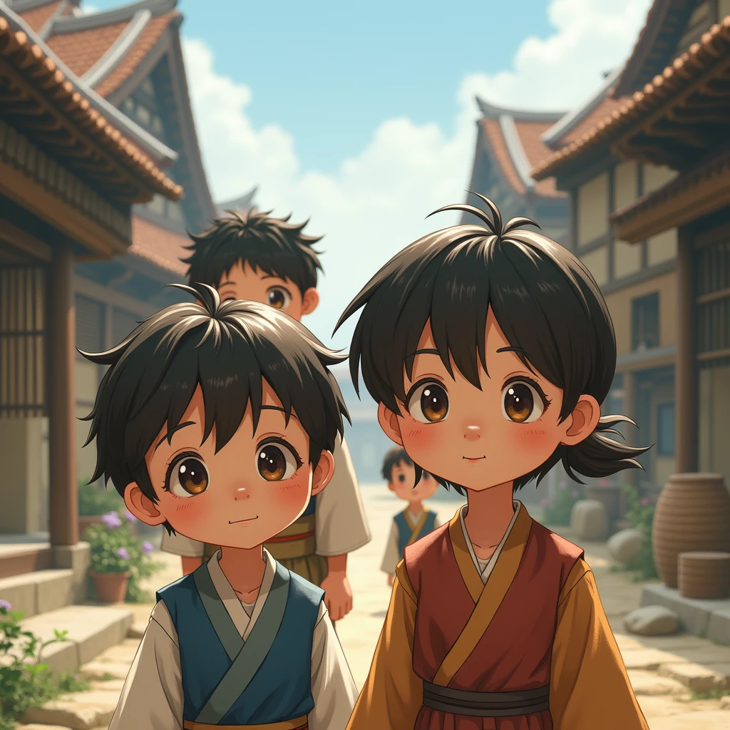 "(Ultra high quality, masterpiece), A boy and a girl in the foreground, with two villages in the background. Additionally, two more boys are standing behind them. All are looking directly at the viewer."
