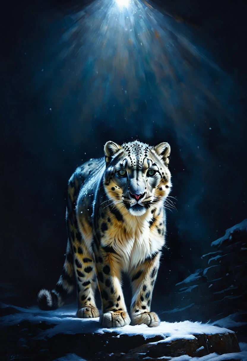 painting of a snow leopard, dark atmosphere, cinematic scene, volumetric lights, ultra realistic, in the style of nicola samori