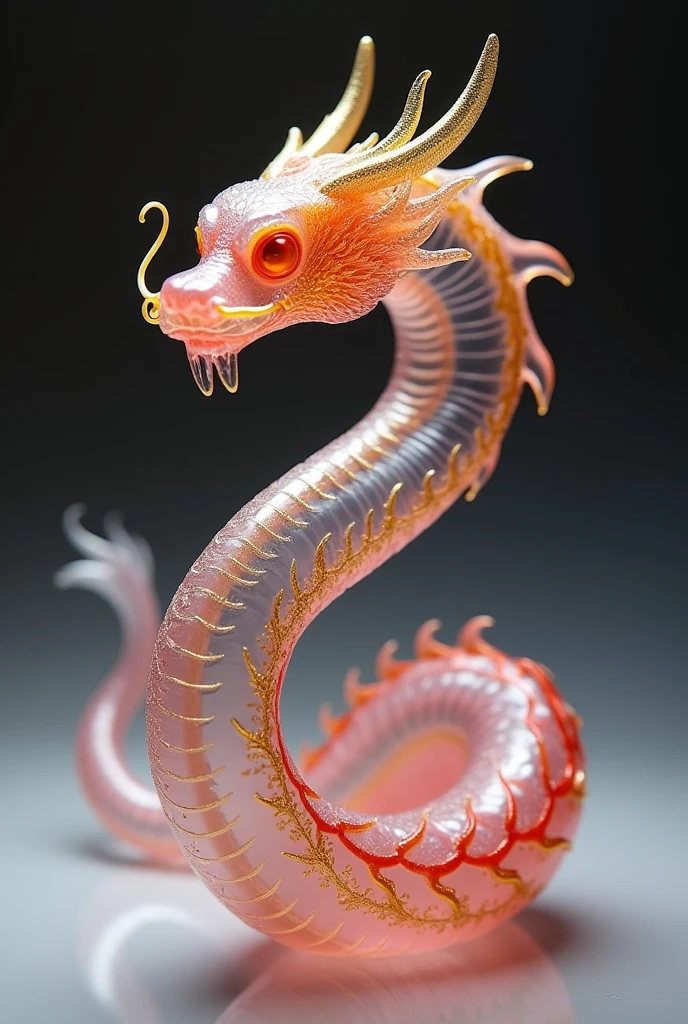 
Very delicate tiny pink Naga made of glass, translucent, decorated with small gold and red colors. Beautiful and intricate details, shimmering light, the best quality glass art.