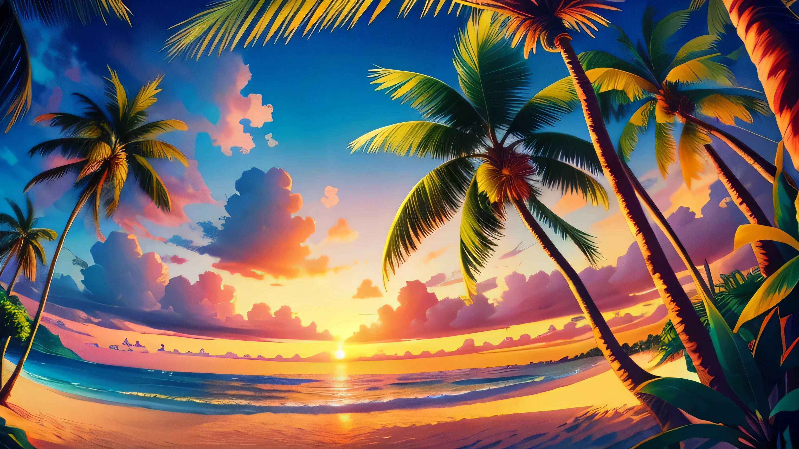 masterpiece, Highest quality, sunny beach, Vibrant tropical landscape with undulating palm trees, Realistic, photograph, sunny, Twilight, Tropical Jungle, High resolution, flower, Cinema Lighting