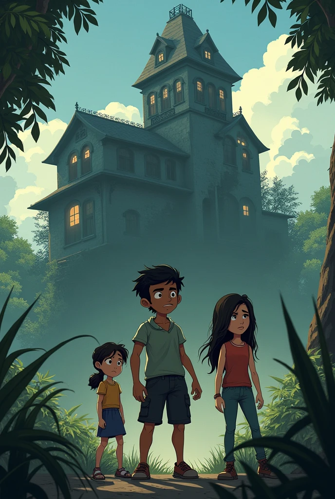 Sumit, with a determined expression, proposing to Banti and a scared Rinku that they should explore the mysterious mansion to uncover its secrets, with Banti excited and Rinku hesitant."