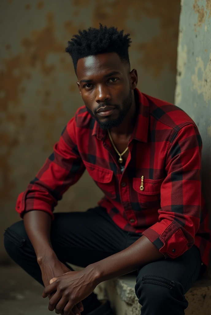 lifestyle photography photo of a black man, anticipate facial expression, red flannel shirt, black cargo pants and combat boots, close up on face, under soft lighting, high angle, shot on a Fujicolor Pro
