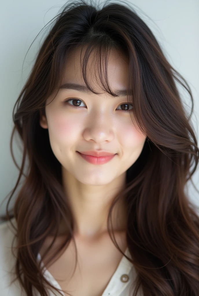 Face of an Asian woman with soft wavy bangs and dark brown hair。Her hair is long and layered.、In the flowing soft waves、Give a friendly and approachable impression。Background is white。Early 20s。