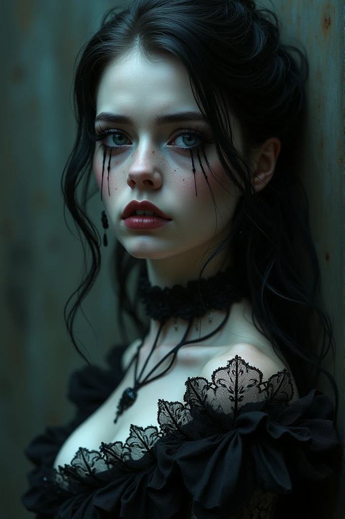 Vampire woman crying because she broke up with her boyfriend , beautiful face , with a very pretty gothic dress