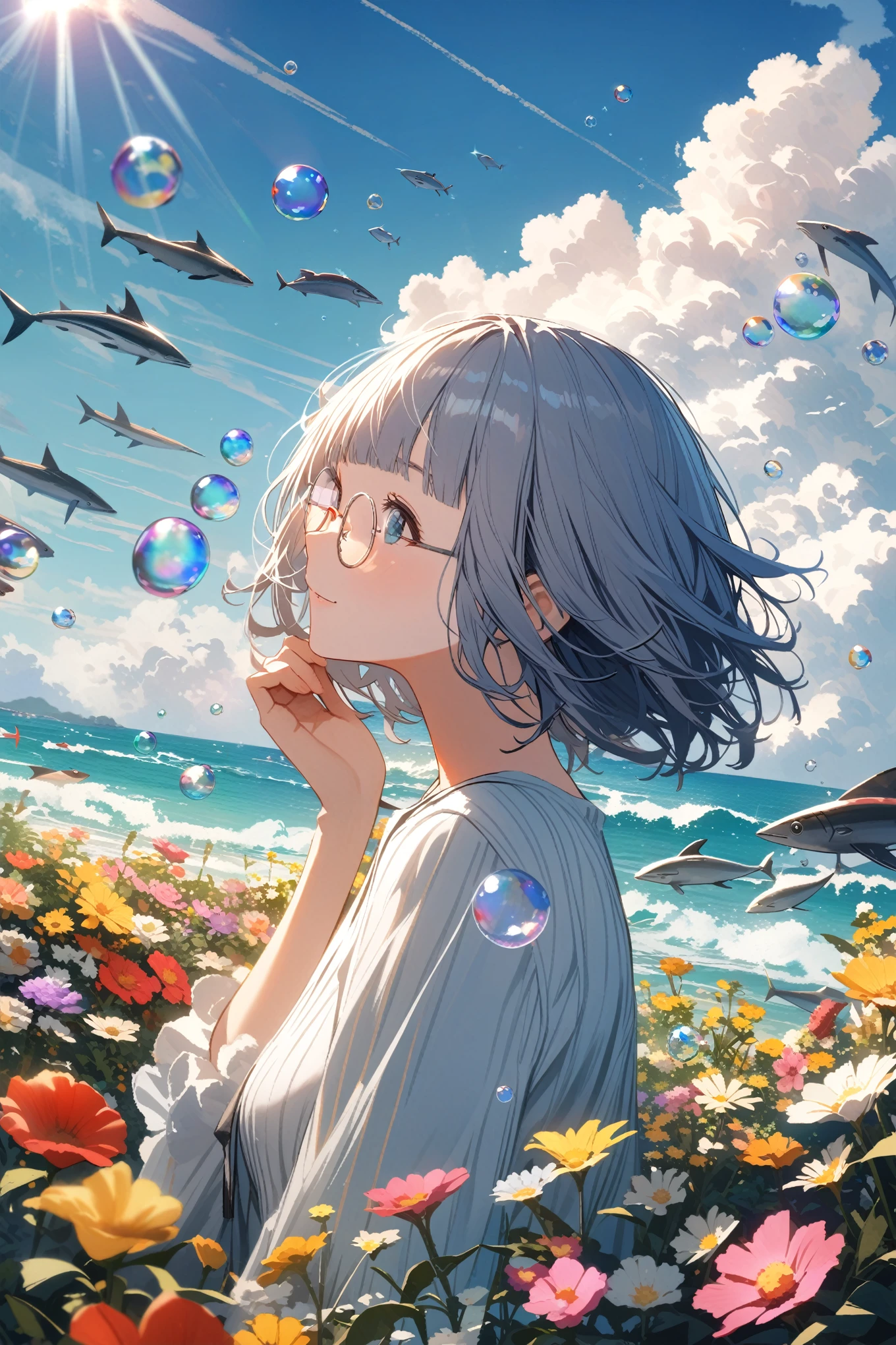 (extremely detailed fine touch:1.3), girl, solo, alone, 2.5d, (((silver semi-rimless round eyewear:1.3))), short hair, smooth hair, blunt bangs, look up sun, hand on own face, flower garden, sea, cumulonimbus, flying fish, soap bubble, 