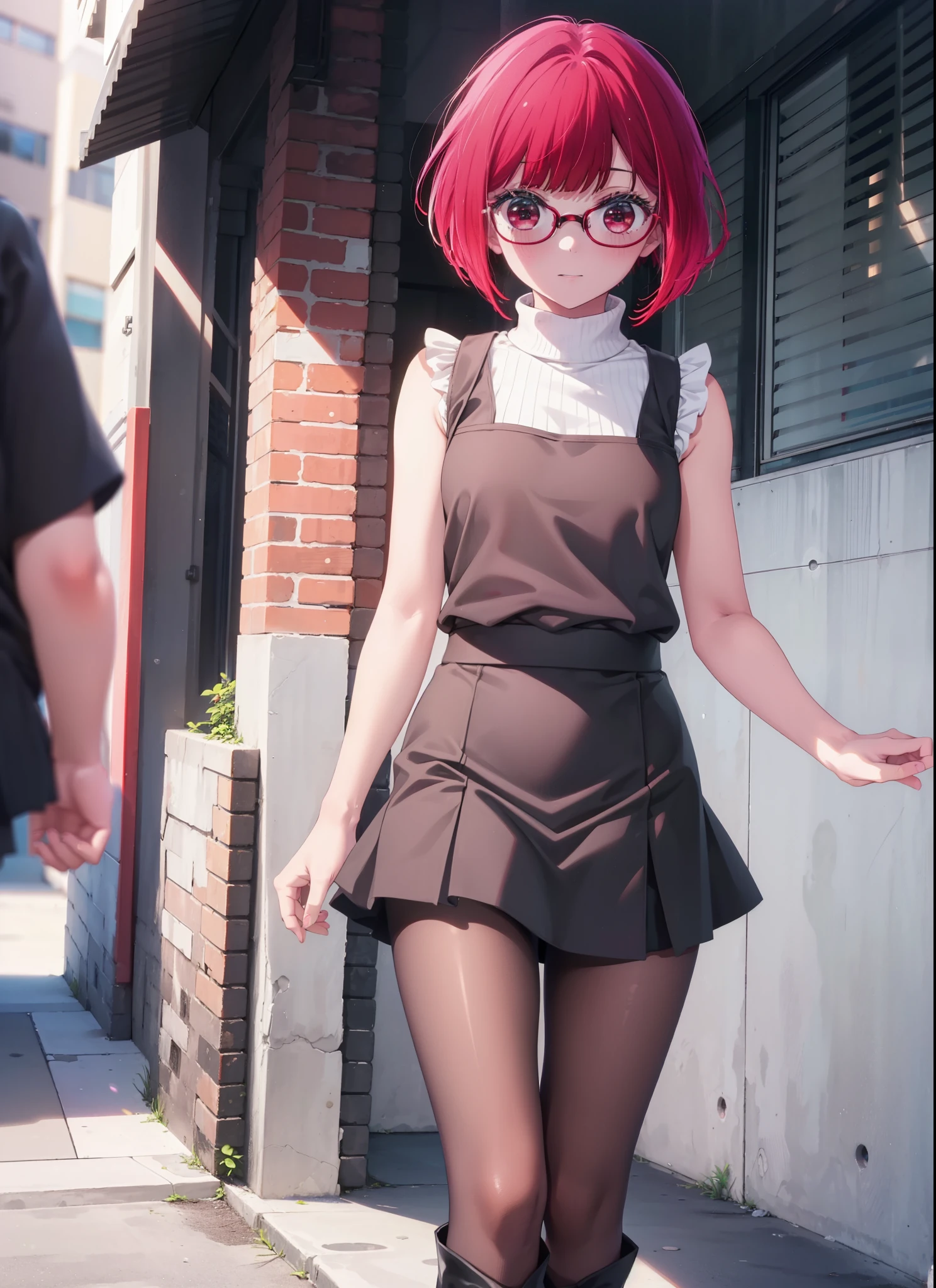 canary, Arima etc., short hair, bangs, (Red eyes:1.3), Redhead, Bobcut, smile,Open your mouth,Sleeveless sweater,mini skirt,Black pantyhose,short boots,Glasses,Walking,Daytime,Clear skies,whole bodyがイラストに入るように,
break outdoors,School　courtyard,
break looking at viewer, whole body,
break (masterpiece:1.2), Highest quality, High resolution, unity 8k wallpaper, (figure:0.8), (Beautiful attention to detail:1.6), Highly detailed face, Perfect lighting, Highly detailed CG, (Perfect hands, Perfect Anatomy),