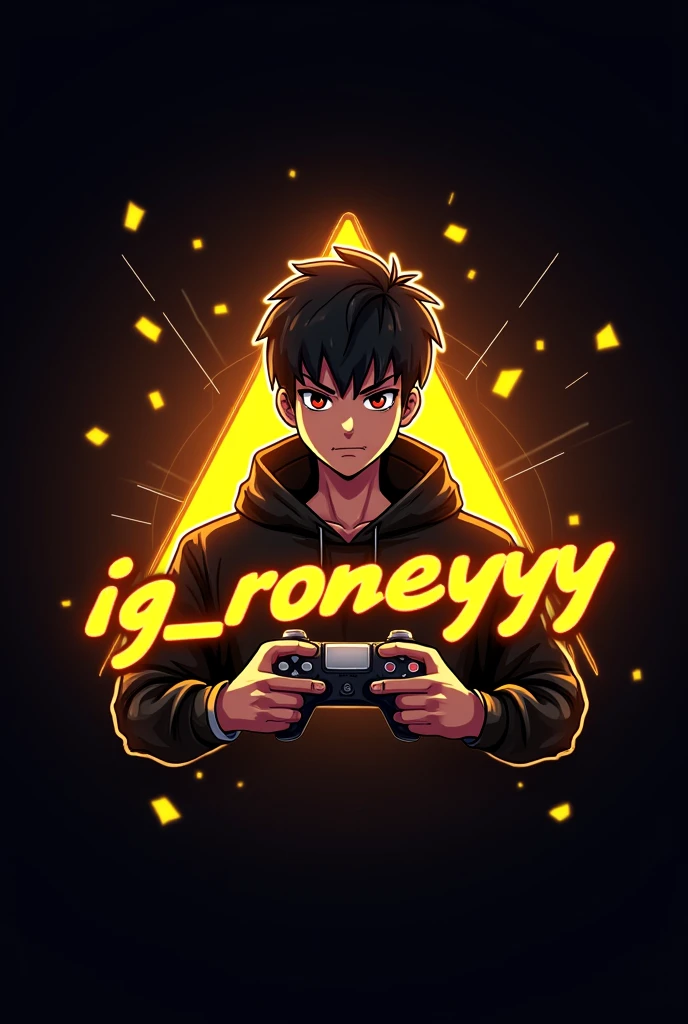 This is a gaming logo that features the name "ig_roneyyyy" in a futuristic font and a neon Golden color. and Boy Anime avtar, The logo also has a stylized controller icon. The logo is designed to be attractive and eye-catching, and to appeal to gaming enthusiasts and