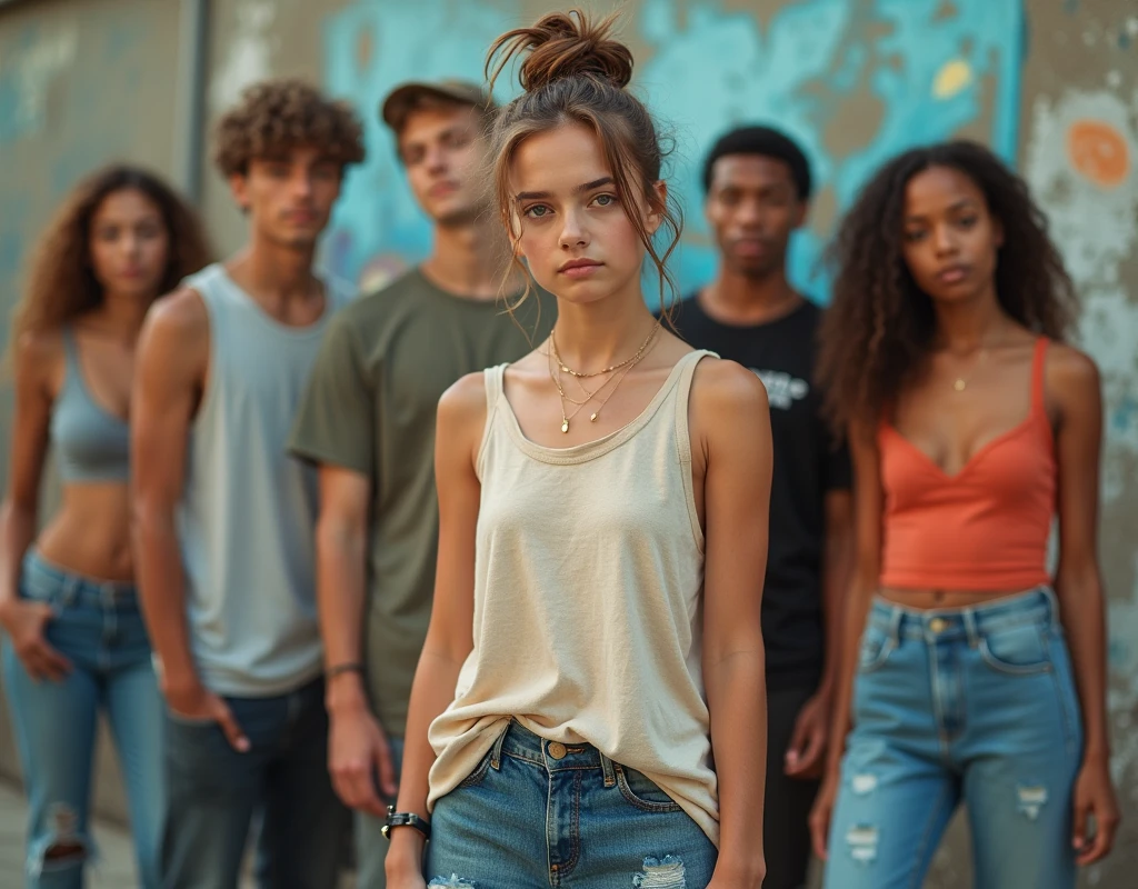 Photo of a  girl in skater fashion and her male and female friends. Everyone is wearing a tank top