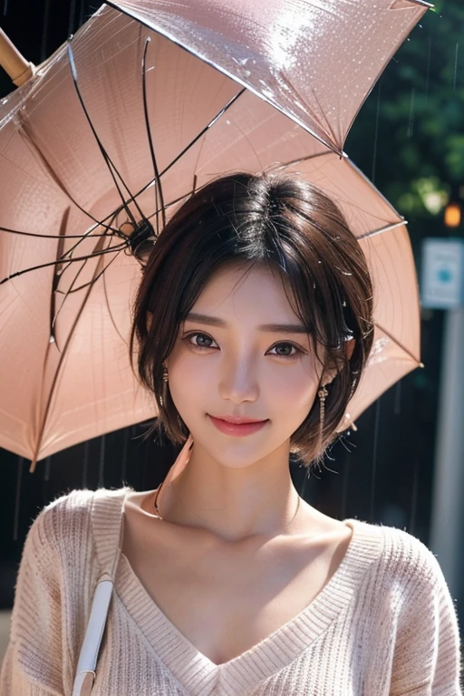 (Two pure Japanese,), (Small :1.5,),(alone,,Textured skin, Detailed skin,Detailed face,Detailed eyes,detailed posing,Natural eyebrows,Sparkling eyes,Attention to detail, Highest quality, Very detailed, Surrealism, ,8k,RAW Photos,Photographicism,Professional Lighting,Ray Tracing,Portrait Photography,Soft Light),((Black Hair, Natural Makeup,Simple Earrings, Bob Hair,smile)),(((V-neck sweater,bustling street,rain,Walking with a pink umbrella,evening)))